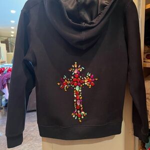 Embellished Black Hoodie Sweater with Cross Design